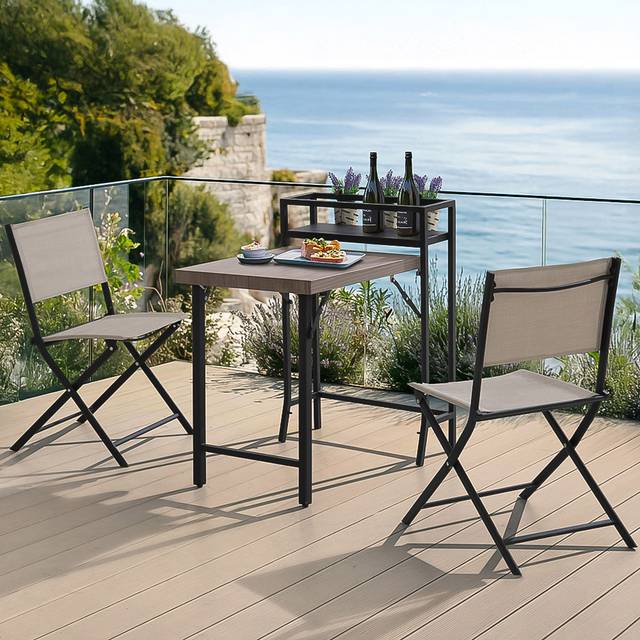 SUNJOY 3 Piece Patio Bistro Set with shelf, Patio Conversation Set with Folding Table & Chair and Stroage Space ,Garden Furniture Sets for 2.