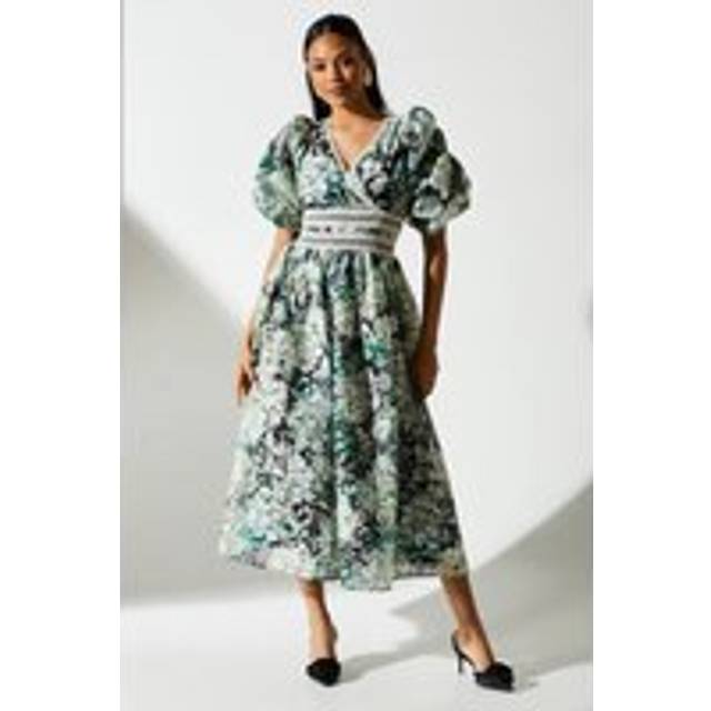 Printed Jacquard Lace Trim Gathered Sleeve Dress - Multi - 12