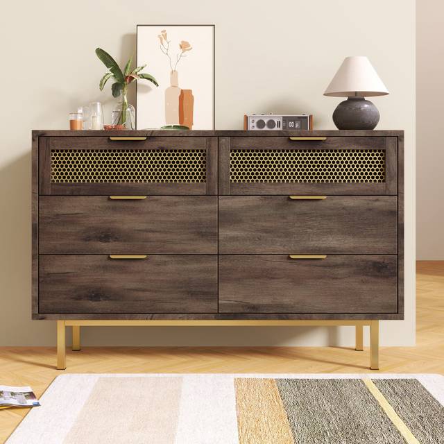 6 - Drawer Multipurpose Sideboard Cabinet with Metal Handles - Dark brown (76cm H X 40cm W X 120cm D)