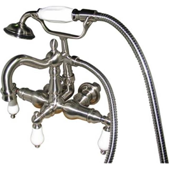 3.375 Inch Center Spread Tub-Wall Mount Clawfoot Tub Filler With Hand Shower - Satin Nickel