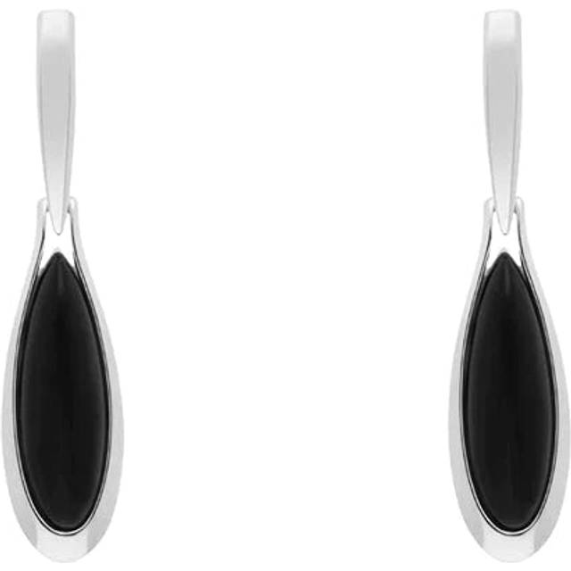 Sterling Silver Whitby Jet Long Pear Shaped Drop Earrings - Silver