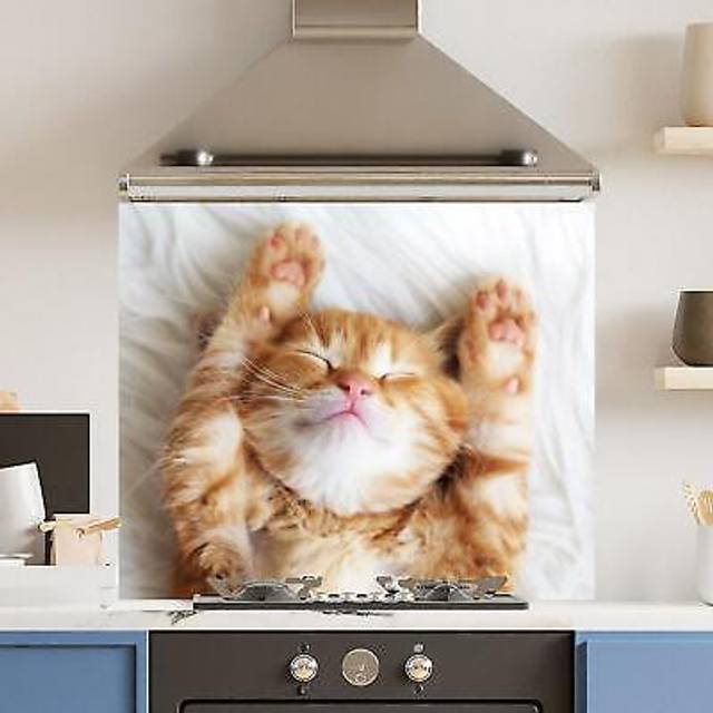 Premium 90cm x 75cm 6mm Glass Cute Cat Kitchen Splashback Various Sizes Toughened - 90 cm - Multi - One Size