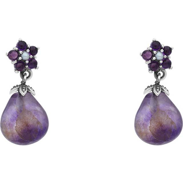 Sterling Silver Blue John Amethyst Pearl Flower Top Drop Earrings - Silver