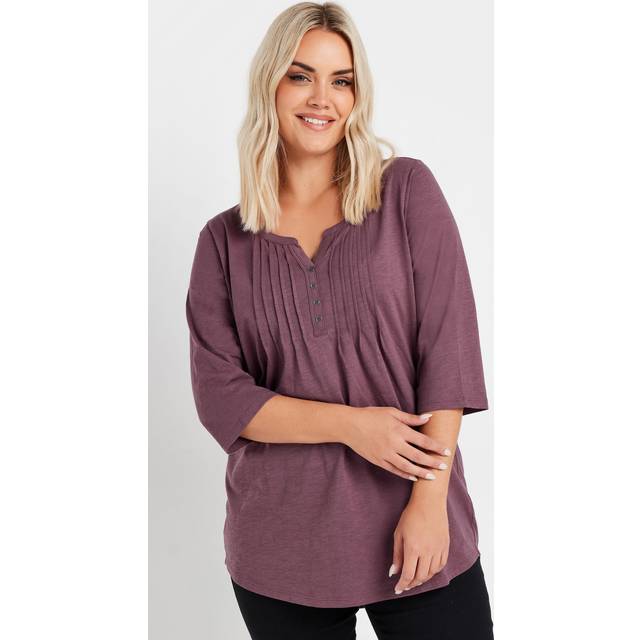 Yours Curve Purple Pintuck Henley 3/4 Sleeve Tshirt, Women's Curve & Plus Size, Yours - 20