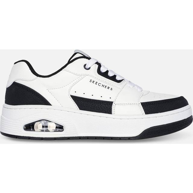 Skechers Uno Court Embossed Leather Lace Up Court Trainer - White Leather/ Duraleather Black Trim, Black, Size 3, Women