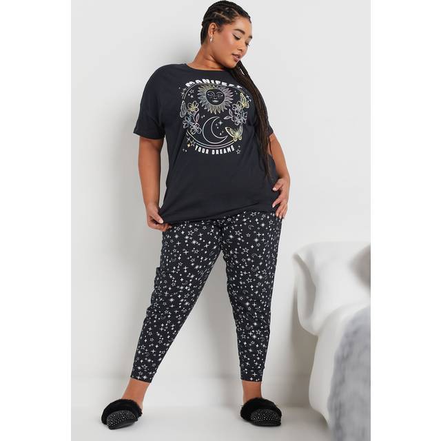 Yours Curve Navy Blue 'Manifest' Star Print Cuffed Pyjama Set - 14-16