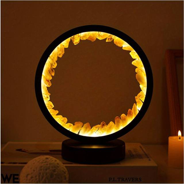 (Citrine Flower Tooth?warm?) Rechargeable LED Bedside Lamp Natural Quartz Amethyst Cluster Night Lamp Bedroom Desk Circular Circle Decorative Lights