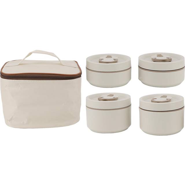 Stainless Steel Insulated Lunch Box with Thermal Bag Round Sealed Beige White Insulated Bento Box L