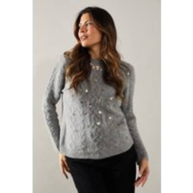 Womens Sequin Detail Crew Neck Cable Knit Jumper - Grey Marl