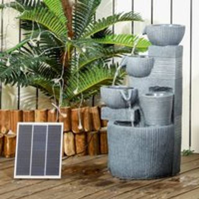 Outsunny Outdoor Water Fountain, Waterfall Fountain with LED Lights, Grey