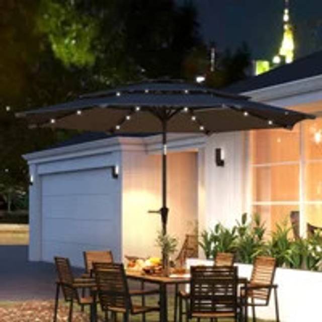 Outsunny 3-Tier Garden Parasol w/ Solar LED Lights, Tilt, Crank Handle, Grey, Grey