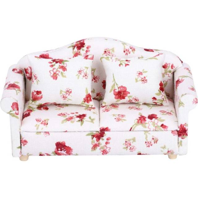 Mini Dollhouse Sofa  1/12 Scale Dolls House Furniture Couch Flower Pattern Mini Furniture Sofa Set with Back Cushions(#1)