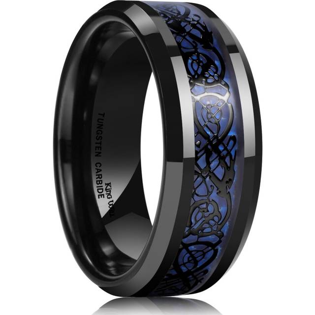 King Will DRAGON Men&#39;s 8mm Blue Carbon Fiber Black Celtic Dragon Tungsten Carbide Ring Wedding Band(14)