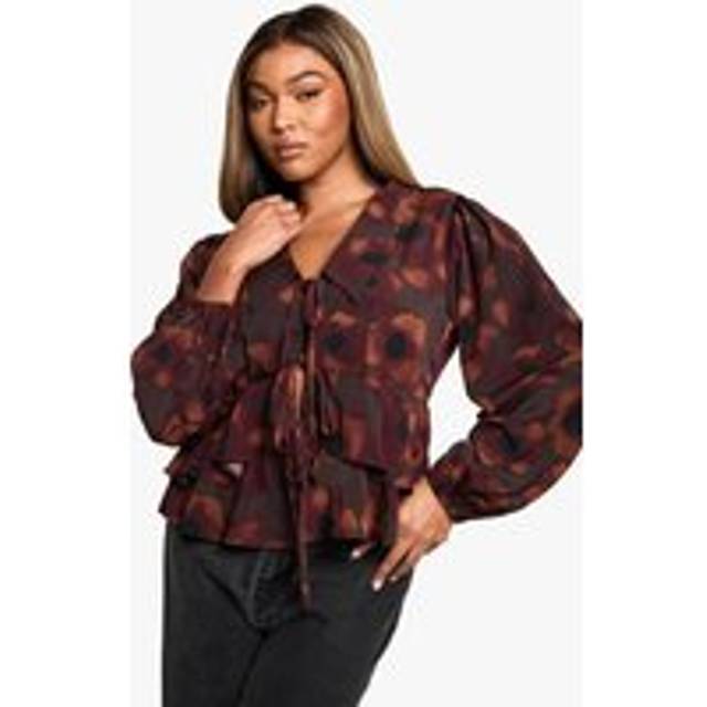 Womens plus floral tie front ruffle blouse - Berry - 24
