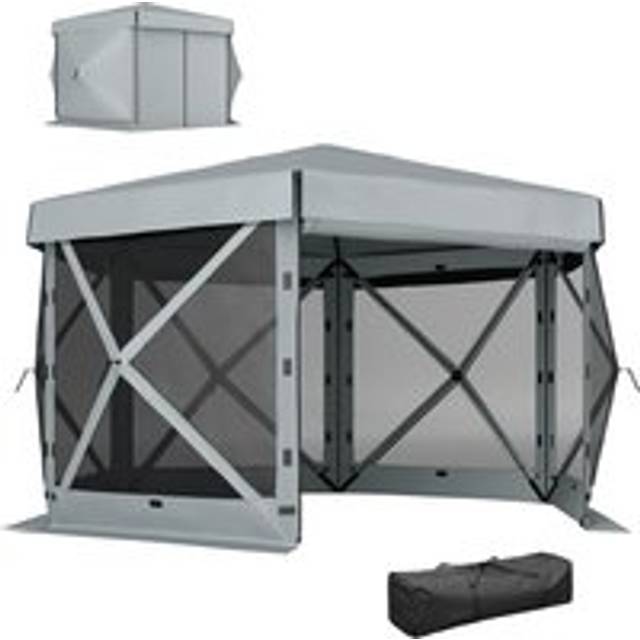 Outsunny 3 x 3m Hexagon Pop Up Gazebo with 5 Sides and Carry Bag, Waterproof, UV Resistant Party Tent with Netting for Garden, Patio, Light Grey