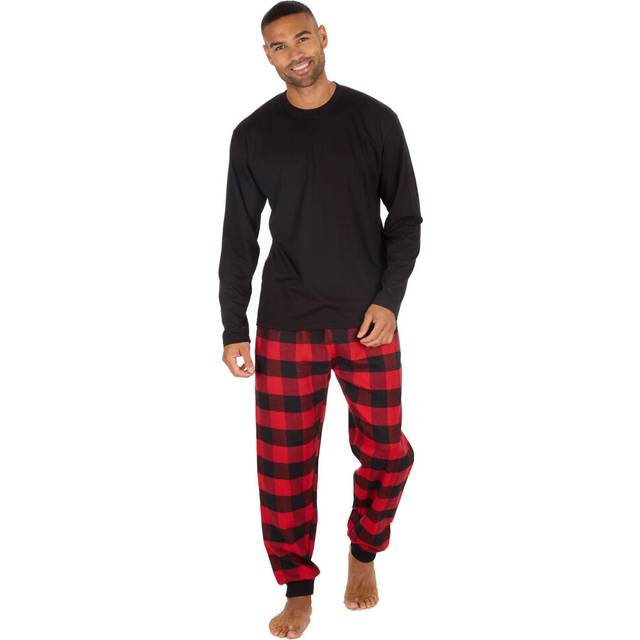 (Black, Medium) Mens Long Sleeved Crew Neck Top & Long Bottoms Pyjama Jersey Lounge Set Long Pj'S Nightwear Size M-Xxl