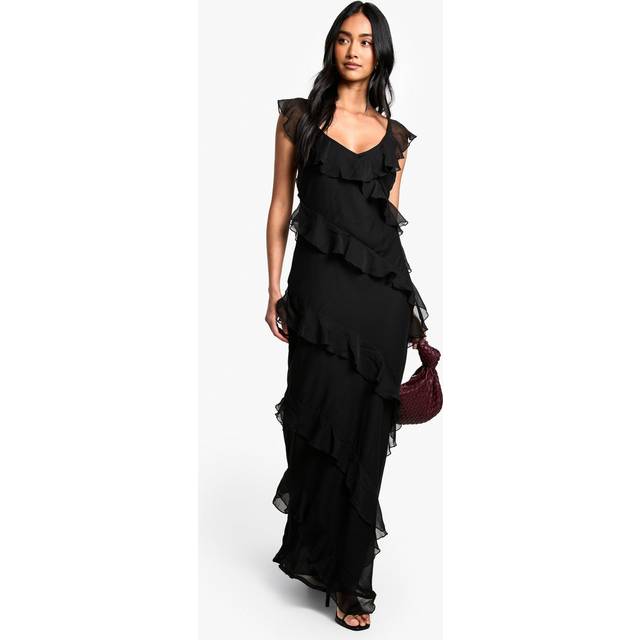 Womens Chiffon Ruffle Strappy Maxi Dress - Black - 8, Black