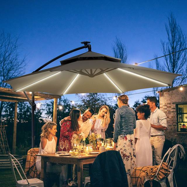 Outsunny 3(m) Cantilever Banana Parasol Hanging Umbrella with Double Roof, LED Solar lights, Crank, 8 Sturdy Ribs and Cross Base for Outdoor, Garden,