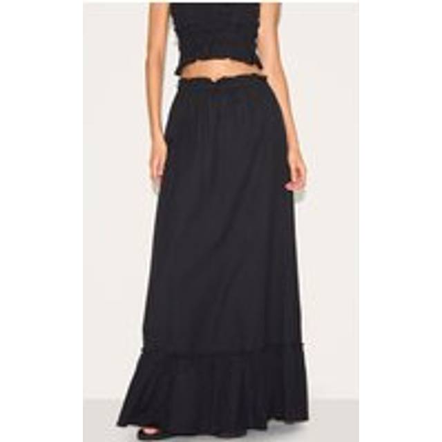 Black Linen Blend Shirred Waist Maxi Skirt, Black - 12