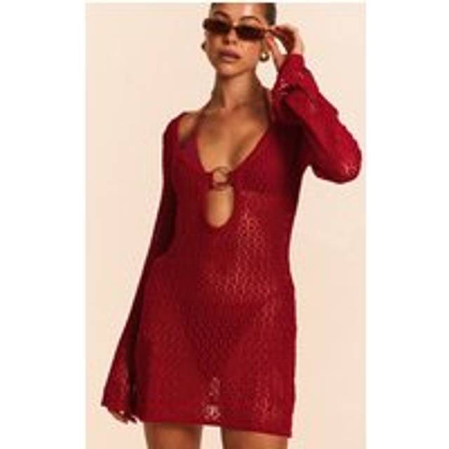 Burgundy Crochet O Ring Mini Beach Dress, Red - XS