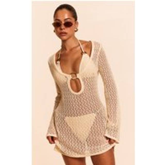 Cream Crochet O Ring Mini Beach Dress, White - S