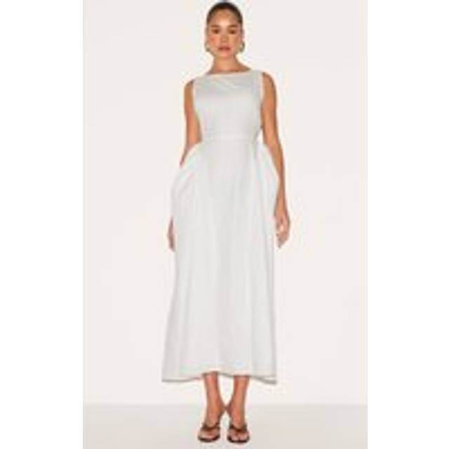 White Cotton Boat Neck Maxi Dress, White - 8