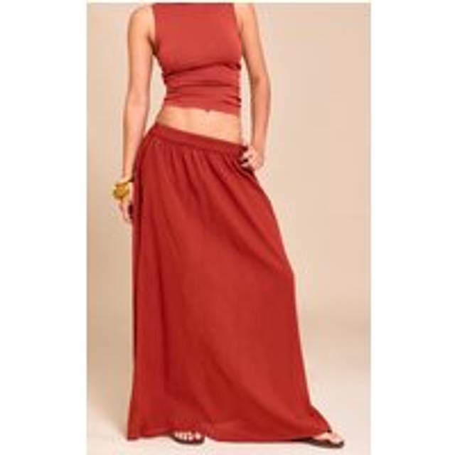 Rust Cotton Cheesecloth Elasticated Waist Maxi Skirt, Orange - 6