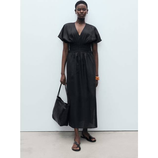 Long linen dress with gathered panel black - Woman - 8 - MANGO - Black