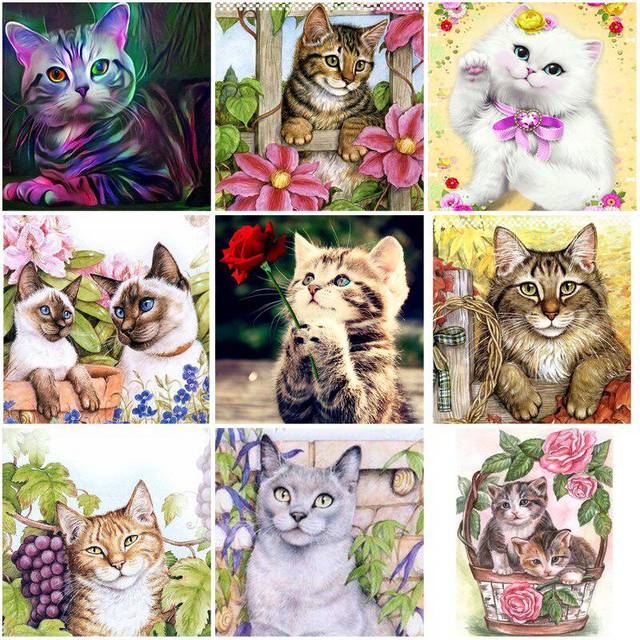 Animal DIY 5D Diamond Painting Cross Stitch Cat And Flower Full Round Resin Rhinestone Diamond Embroidery Mosaic Gift Home Decor 30x30CM red