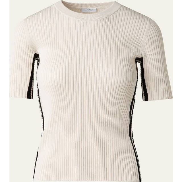 Crochet Stripe Rib Knit Short Sleeve Sweater - CASHEW-BLACK - 10