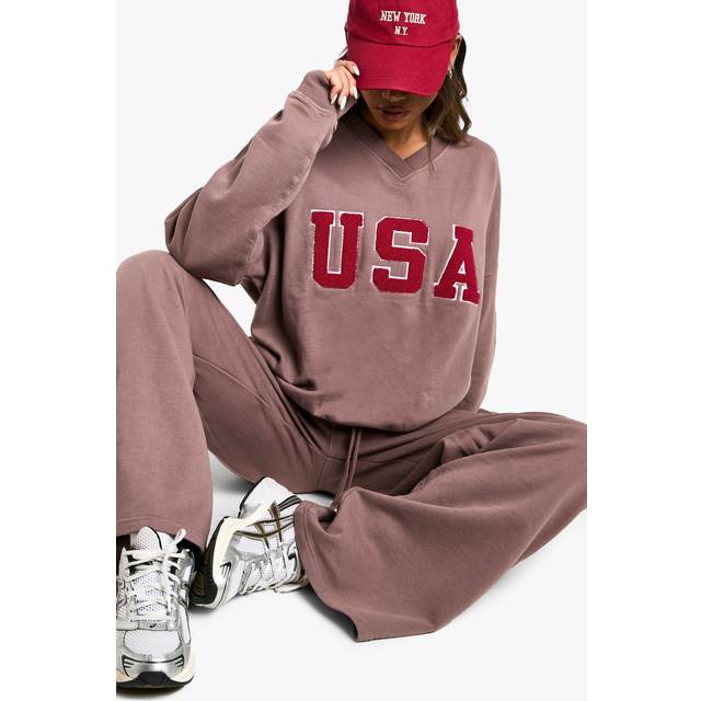 Womens USA V Neck Oversized Sweatshirt - Beige - S