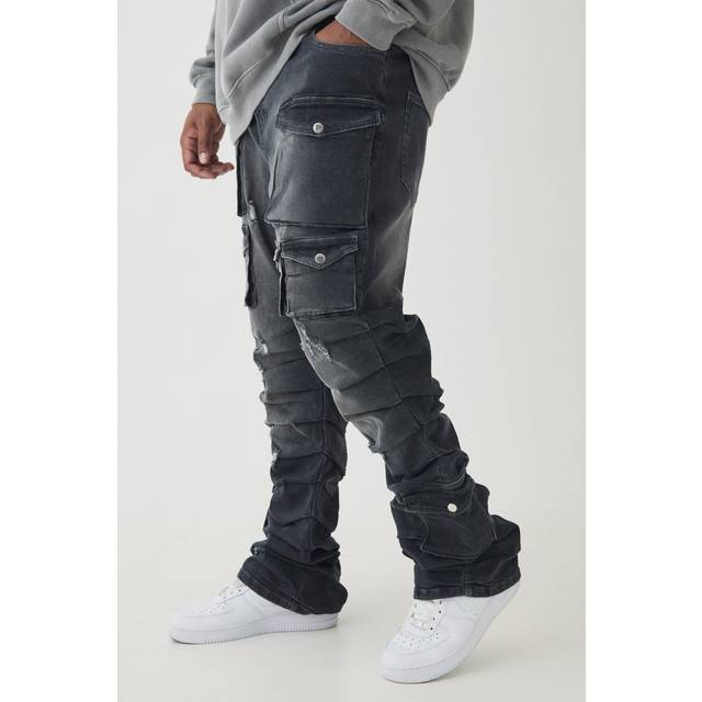Mens Grey Plus Stacked Multi Cargo Pocket Flared Jeans