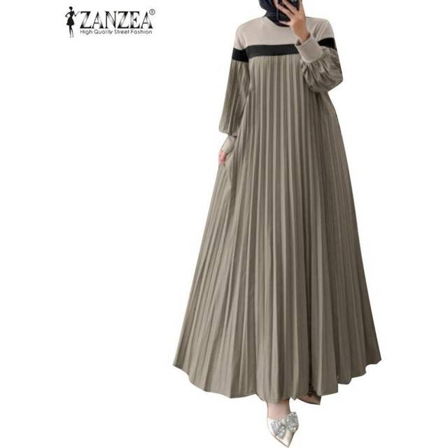 (black, S) Zanzea Women Casual Long Sleeve Patchwork Loose Pleated Dress