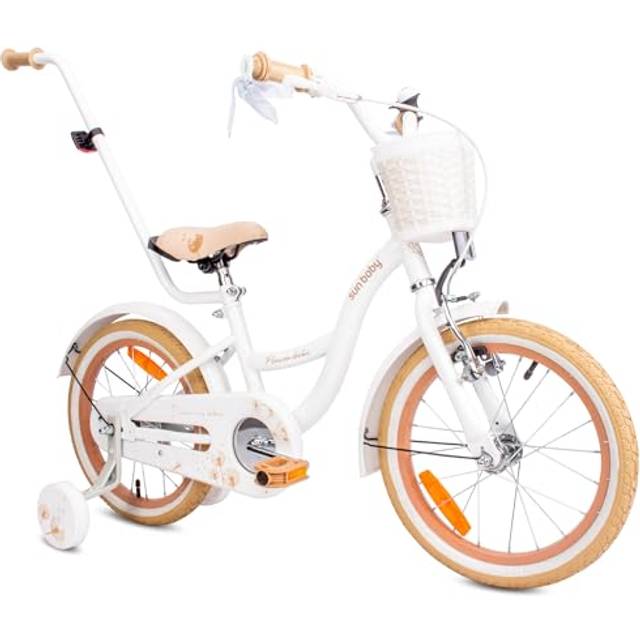 Flower Bike Flickcykel för en flicka 12 14 16 tum, Barncykel 2-6 år, Barncykel med stödhjul, pushbar, justerbar sadel och styre (Vit Beige, 16 Tum)