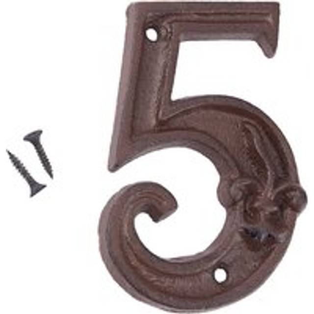 Alwaysh - Metal House Number 5, Door Number, Address Number, Mailbox Number - Vintage Style, Rustic Distressed Brown Finish with Embossed Fleur de