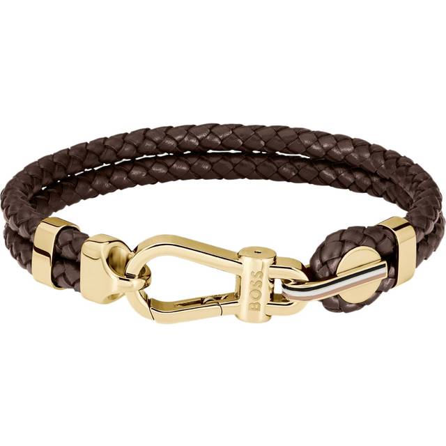 Brown braided-leather cuff with gold-tone carabiner closure - Dark Brown