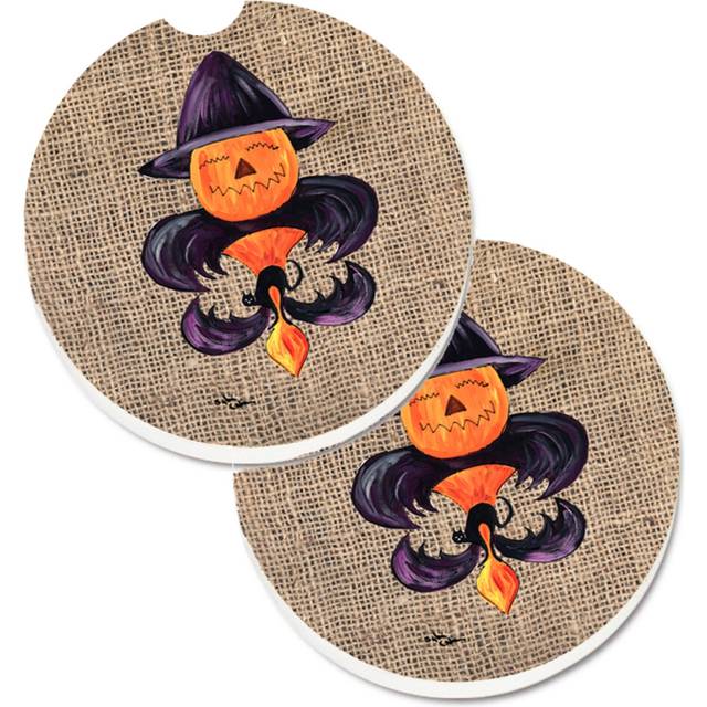 """""Caroline's Treasures Halloween Pumpkin Bat Fleur De Lis Set of 2 Cup Holder Car Coasters 8748CARC  2.56  Multicolor"""""