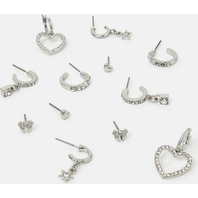 Multicolour 6-Pack Pavé Heart Stud and Hoop Earrings Silver - Accessorize - One Size