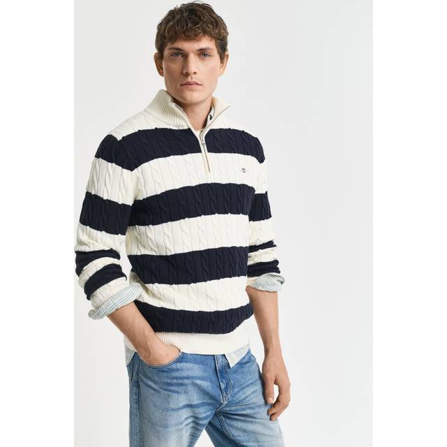 GANT Cotton Striped Cable Half Zip Evening Blue