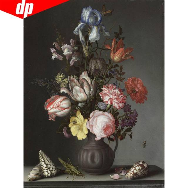 Flowers In A Vase with Shells and Insects DIY Diamond Embroidery Cross Stitch 20X30