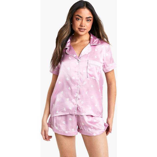 Womens Heart Print Short Sleeve Shirt & Shorts Pyjama Set - Pink - 12