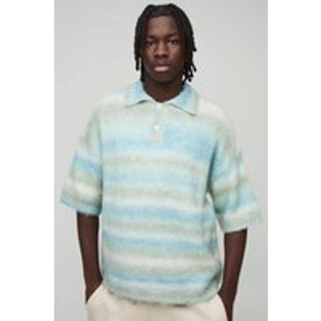 Oversized Brushed Stripe Short Sleeve Knitted Polo - Green - L