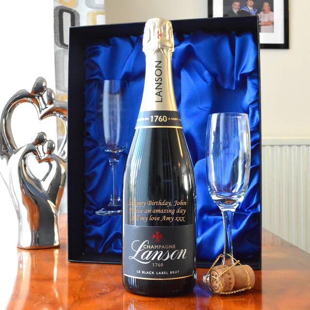 Lanson Black Label Engraved Champagne with Champagne Glasses