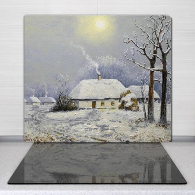 Glass chopping cutting board painting winter countryside huts trees 60x52 cm