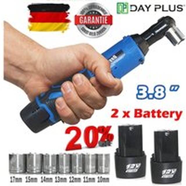 3/8'' 120Nm Cordless Ratchet Right Angle Wrench Impact Power Tool 2 Battery & 7 Socket