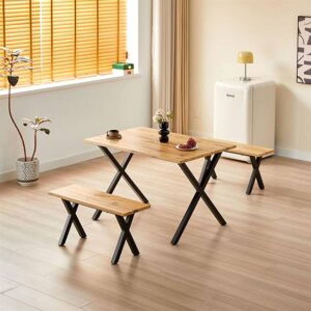 Kosy Koala Brown Wooden Dining Table And 2 Benches Set With Metal Legs For Dining Room(h75 X L117 X W77 Cm), Multi