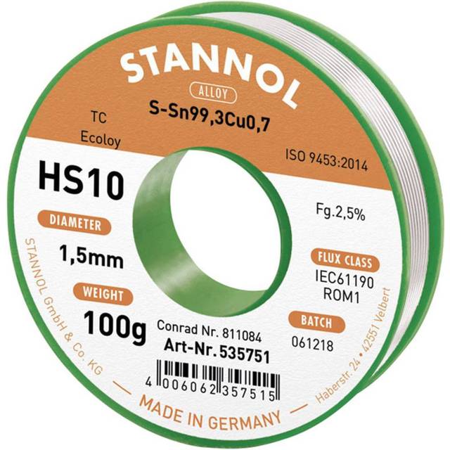 Stannol HS10 2510 Lödtenn, blyfri Spole Sn99,3Cu0,7 100 g 1.5 mm