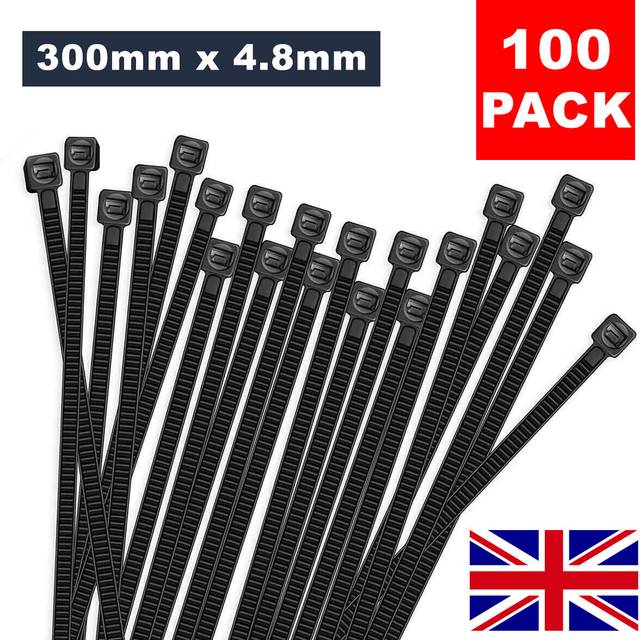 100 pack 300mm x 4.8mm nylon plastic strong black cable ties tie wraps zip ties