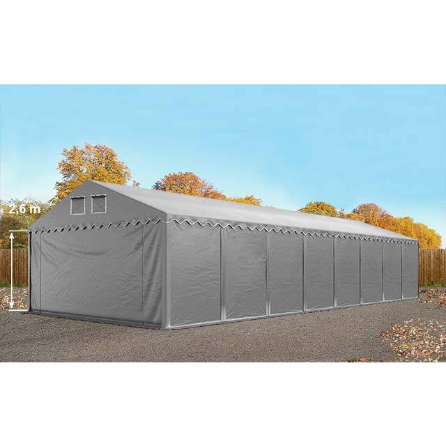 TOOLPORT 5x20m 2.6m Sides Storage Tent / Shelter w. ground frame, PVC 800, grey with statics package (concrete anchors) - (49874)