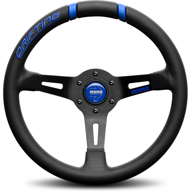 Momo Drifting Steering Wheel - Colour: Black / Blue, 330mm Diameter, Leather Trim